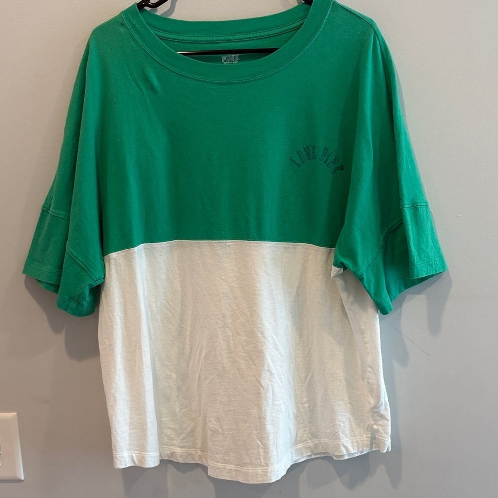 PINK Victoria's Secret Green and White Short Sleeve Tee